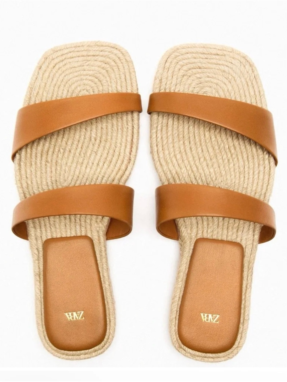 Zara NWT Tan Leather Double-Strap Espadrille Slide Sandals